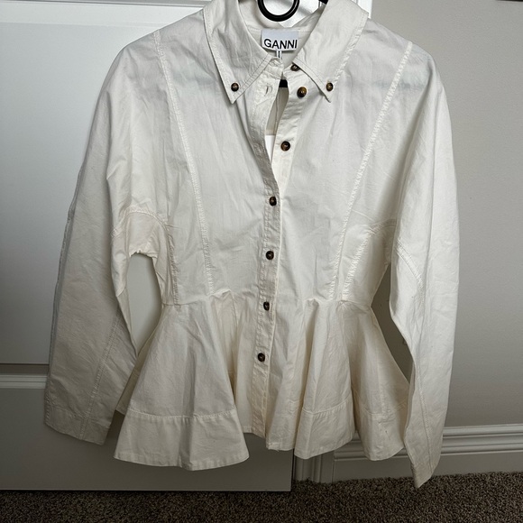 Ganni Egret Button-Up Peplum Blouse - Picture 4 of 7